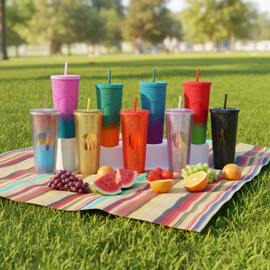 Copo Plástico Reutilizável de 24oz com Cores em Gradiente, Dupla Parede, Acabamento Fosco, DIY, com Tampa e Canudo para Café Gelado e Smoothie - Product Image 6