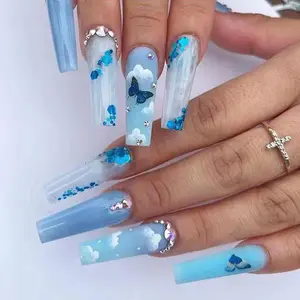 Wholesale long coffin fake false nails light blue butterfly ballerina press on nails with rhinestone