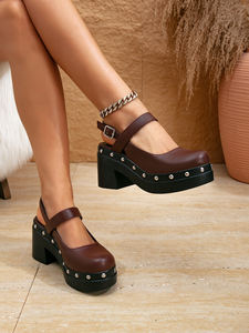 하이 플랫폼 리벳 펑크 스타일 대형 페이턴트 PU 여성용 신발 굵은 라운드 토 사이즈 43 패션 힐 - Product Image 3