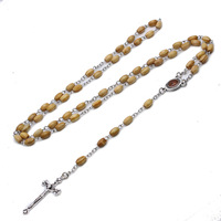 Collier de chapelet catholique en bois de la Vierge Marie, chapelet en bois d'olivier avec icône, portrait, crucifix, pendentif en forme de croix