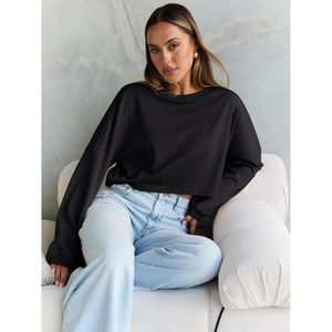 <b>Cropped</b> Sweatshirt Women Oversized Crewneck <b>Long</b> <b>Sleeve</b> Knitted Drop Shoulder Short Length Fall Winter <b>Top</b> - Product Image 5