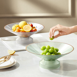 He Dou Fruit Plate Round <b>Plastic</b> Light Gray Light Green With Gold <b>Trim</b> For Home Party Snack Dish - Product Image 1
