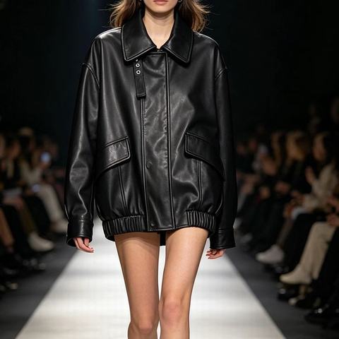 HN000005 Women's Turn-down Collar Vegetable Tanned Sheepskin Jacket Loose Batwing Sleeve Elastic Hem Zip Leather Coat