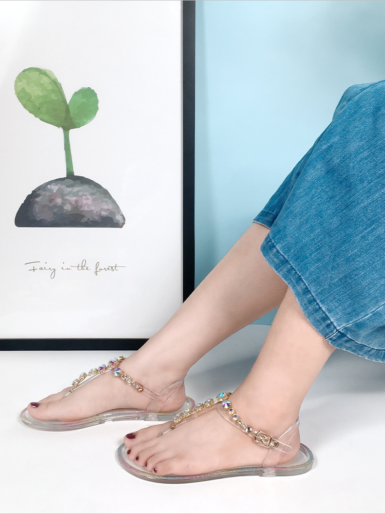 Summer Jelly Shoes Female Jelly Sandals Cross-border PVC Flat Beach Crystal Sandals