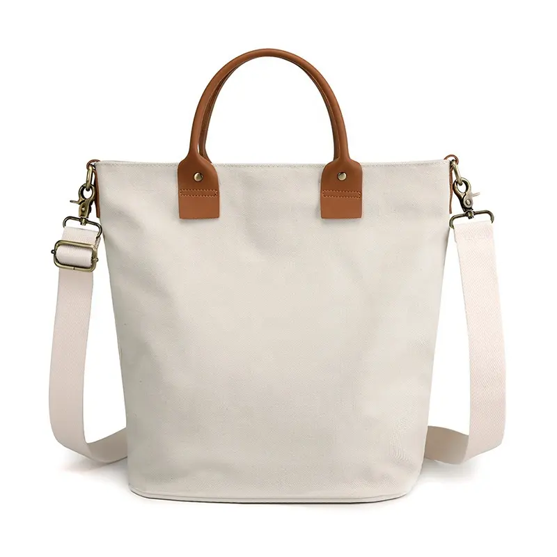 Customized women canvas tote handbags casual shoulder tote beach bag with leather handle