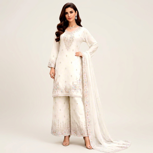 Traje Anarkali Blanco Bordado para Mujer con Dupatta, Corte Holgado, Largo hasta el Tobillo, Atuendo Tradicional Indio-Pakistaní - Product Image 1