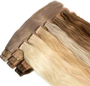 Double Drawn Thin Invisible Hand Tied Weft Virgin Remy Cuticle Aligned Russian Human Hair Extensions Genius Weft