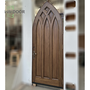 Customized Gothic Design Oak Mahogany Finished Wooden Double Door with Decorative Lines Pointed Arched Solid Wood Exterior Doors - Product Image 5