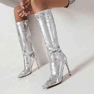 Fashion Glitter Shiny Upper Women's Knee High Boots High Thin Heels <b>Shoes</b> Side Zipper Pointed Toe Party Long Booties for Ladies - Product Image 5