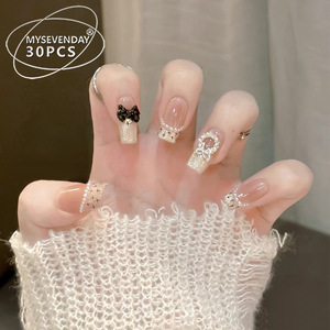 <span class=keywords><strong>Uñas</strong></span> Postizas Hechas a Mano con Diseño de Ojo de Gato, Estilo Francés de Alta Gama con Lazo de Perlas, para Chicas Modernas y Dulces - Product Image 1
