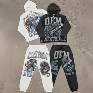 <b>2</b>-<b>piece</b> Digital Printing Streetwear Black <b>White</b> OEM Custom LOGO Print Heavyweight 400 GSM Zipper Long Sleeves Men's Hoodie <b>Set</b> - Product Image 1
