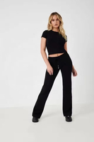 T-shirt court ajusté en coton côtelé pour femme et fille, 95 % coton, 5 % élasthanne, col rond, style semi-ajusté