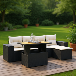 Cream White Garden <b>Sofa</b> Set 6 Seater <b>Rattan</b> Outdoor Furniture Weather Resistant Contemporary Design - Product Image 2