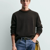 Pull col rond vert olive foncé pour homme, tricot uni, mélange de laine, pull basique
