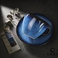 Tasse à café et soucoupe en céramique bleue à glaçure réactive, avec anse à bord foncé, en porcelaine artisanale, pour expresso et thé, pour la maison, le café, la table, ou comme cadeau
