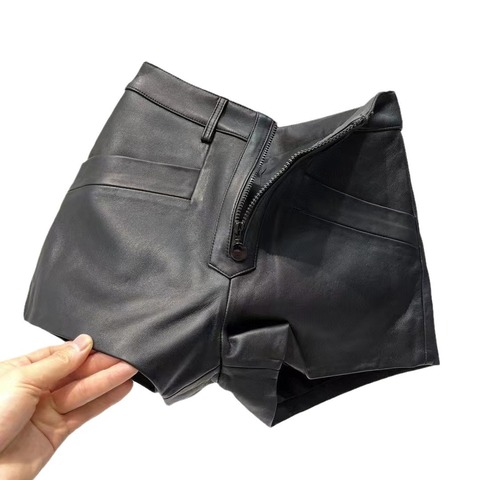 Hot Sale Zipper Flying Pocket Wide Leg Loose Casual Women Genuine Leather Shorts