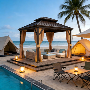 Pavillon <span class=keywords><strong>de</strong></span> <span class=keywords><strong>jardin</strong></span> moderne en aluminium à double toit, <span class=keywords><strong>abri</strong></span> extérieur permanent imperméable à toit rigide, <span class=keywords><strong>abri</strong></span> contre les intempéries - Product Image 3