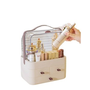 Boîte de rangement cosmétique, organiseur de bureau avec tiroirs, organiseur de maquillage en plastique crème et marron pour soins de la peau et rouges à lèvres - Product Image 5