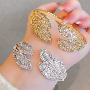 Leaf Design Micro Inlaid Sparkling Open <b>Bangle</b> Gold And Silver Plated <b>Copper</b> Jewelry For Women Fashion Accessory - Product Image 1