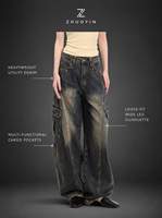 Jeans Cargo da Donna in Denim Pesante Tinto Effetto Fango, Estetici Grigio Antracite a Gamba Larga con Multi-Tasche