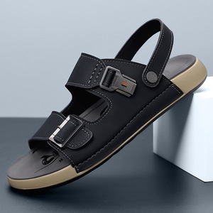 Sandales pour hommes en cuir véritable, à double usage, avec boucle réglable, bout ouvert, chaussures de plage décontractées, antidérapantes - Product Image 5