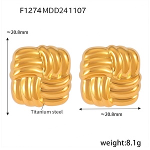 Boucles d'oreilles carrées en acier inoxydable, texture or et argent, rayures métalliques, bijoux vintage attrayants pour femmes - Product Image 3