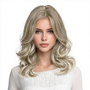 Peluca de Cabello Humano <span class=keywords><strong>Rubio</strong></span> Cenizo Corto Ondulado, Largo hasta los Hombros, con Flequillo Cortina que Rodea el Rostro, Aspecto Natural para Uso Diario y Fiestas - Product Image 1