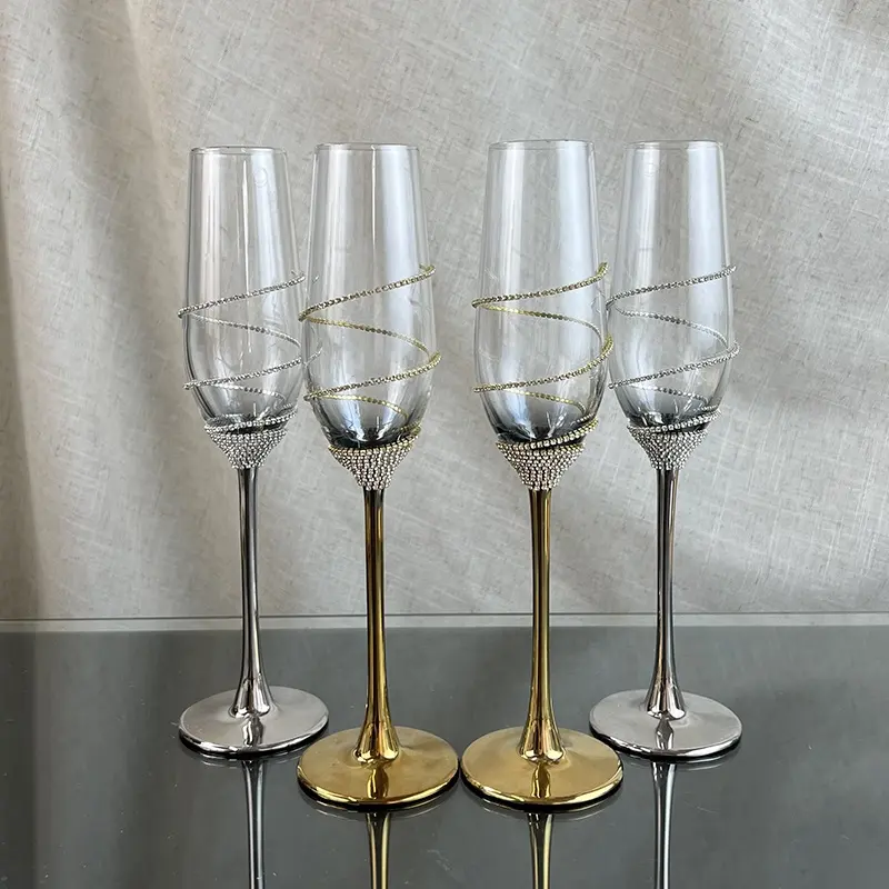 Copos de champanhe de cristal galvanizado prata 200ml corrente diamante coroa taças para casamento