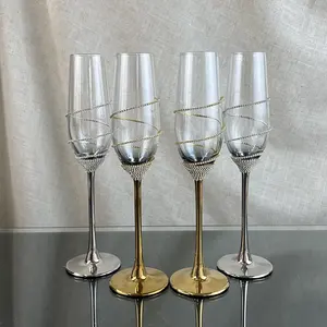 200ml Silver Electroplating Stem Diamond Chain Surround Crystal Champagne Glasses Goblets Wedding Flutes