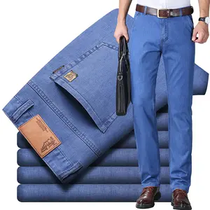 Celana jeans hitam biru pria, celana Jin ramping elastis lurus pria baru bisnis kasual pintar bom mikro