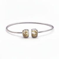 Bracelet jonc élégant en laiton plaqué argent avec pierre précieuse Rutile Doré, forme rectangulaire classique, fait main, fin, EL JOYERO, pour femme, style hindou