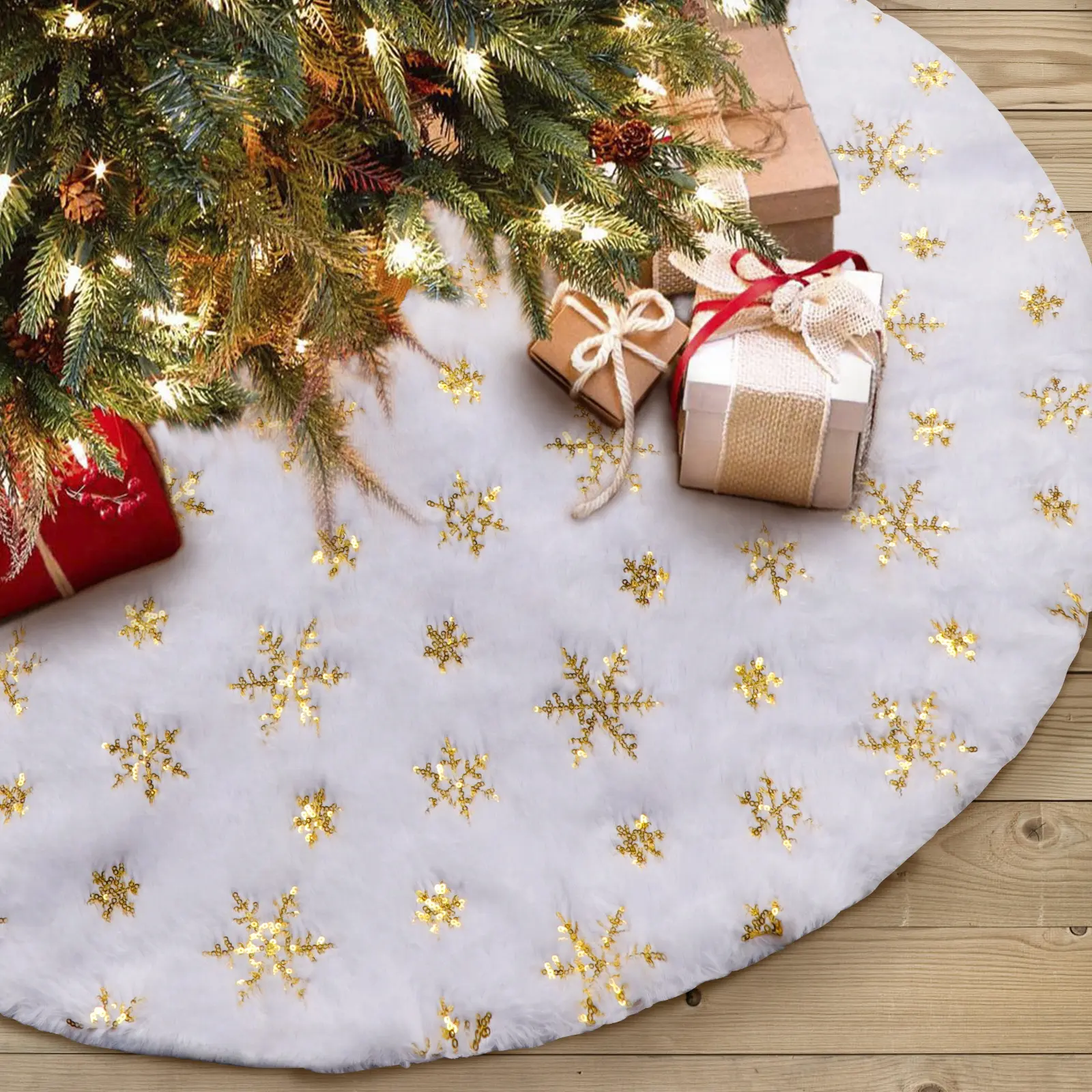 decoración para el año nuevo en casa 120 cm cubierta para el árbol de Navidad alfombrilla para el árbol de Navidad suave Falda para árbol de Navidad color blanco 