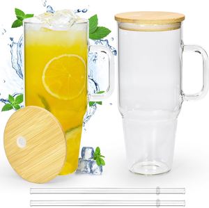 40oz Glass Tumbler <b>with</b> Handle 2 Pack Glass Tumbler <b>with</b> Straw and <b>Lid</b> Clear Glass Water <b>Cup</b> <b>Reusable</b> Iced Coffee <b>Cup</b> - Product Image 5