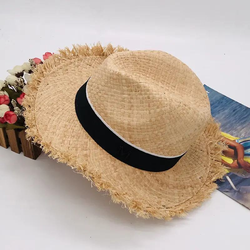 Cappelli da sole in rafia fatti a mano di alta qualità per le donne nastro nero con lacci a tesa larga cappello di paglia da esterno da spiaggia berretti estivi