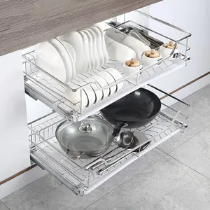 厨房矮柜折叠机架2层拉出铁丝筐不锈钢碗架