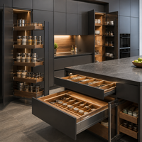 Fabricant d'armoires de cuisine en bois grainé, îlot de cuisine sur mesure en noyer pour projets de villas et d'hôtels