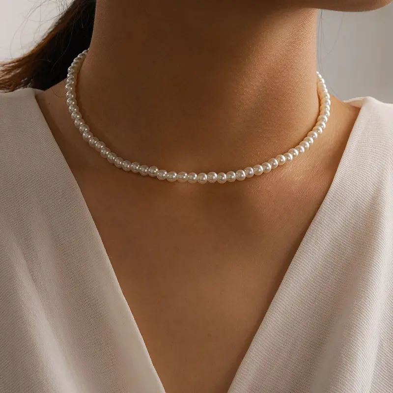 Elegant Jewelry White Beaded Pearl Choker Necklace Round Imitation Pearl Necklace for Women