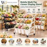 Support de présentation de fleurs mobile à 3 niveaux en fer, style incliné, avec roulettes, pour fleuriste, mariage, événement, vente au détail