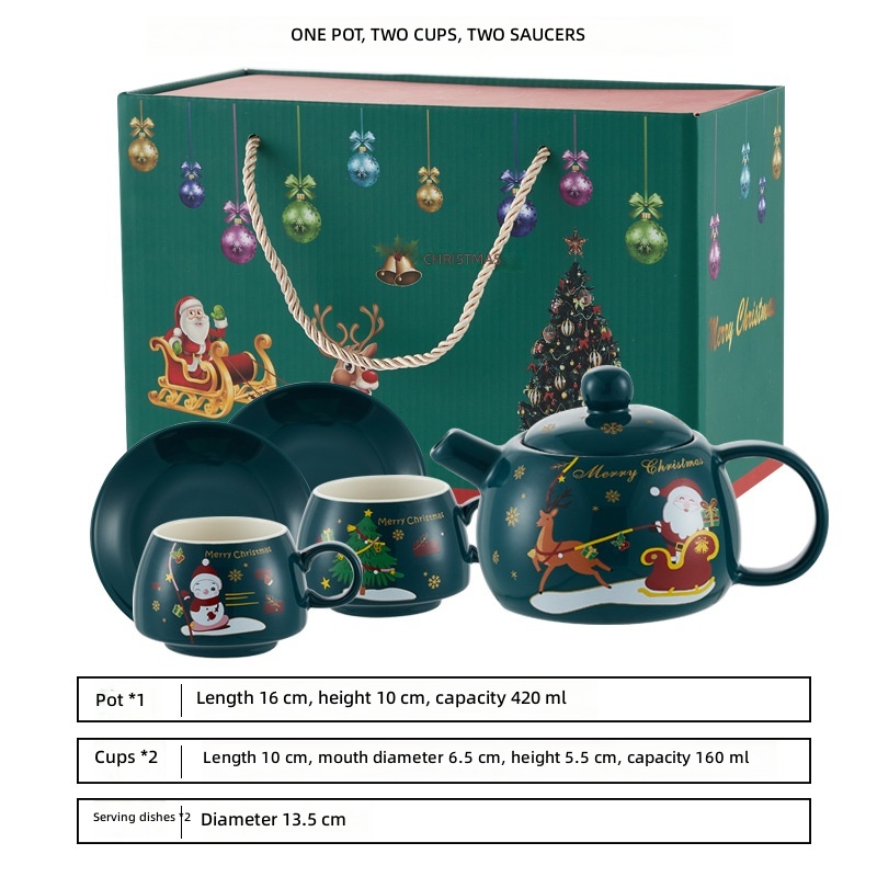 Dark green, one pot, two cups, two plates, minimalist style