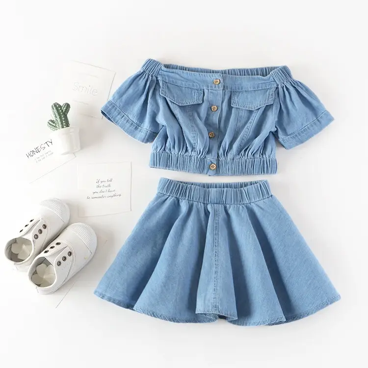 korean fashion two piece set dress summer cowboy One-line collar top sun-swing skirt kid clothing set