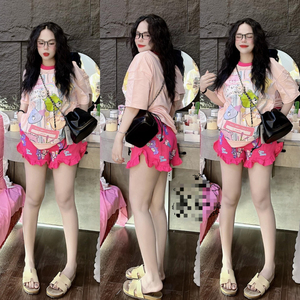 Doux mignon fille été deux pièces ensemble lâche ours imprimé à manches courtes conception dentelle Shorts au-dessus du genou longueur au-dessus du genou - Product Image 4