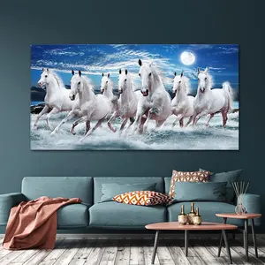 Синее небо 7 бегущих белых лошадей на морской волне рисунок растягивающаяся рамка дикие животные холст искусство на стену Луна Декор для дома