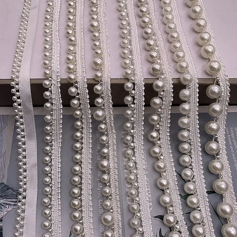Handmade Nylon Woven Fabric Sewing Beaded Lace Trim, ABS Plastic Studded Beads Pearl Trim