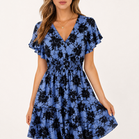 Robe décontractée pour femme, coupe ample, à manches courtes, col en U, imprimé numérique tissé, motif fleur d'iris bleu roche, service OEM, été 2026
