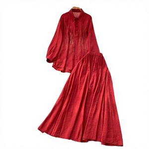 Conjunto de 2 piezas tejido vintage casual sólido para mujer, top y faldas ajustadas de cintura alta, trajes de jogging, venta al por mayor, otoño 2026 - Product Image 3