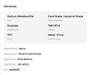 Metabisulfito de Sodio con 99% de Pureza, CAS 7681-57-4, Polvo Blanco, Antioxidante, Materia Prima Industrial para Alimentos - Product Image 6