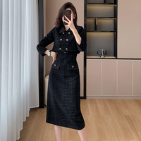 Ensemble 2 pièces élégant en tweed : veste courte et robe moulante mi-longue pour l'automne-hiver