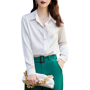 Women's Green Satin Shirt Long Sleeve Solid Color Office Wear Professional Blouse Spring Autumn 2024 - Product Image 5