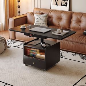 Solid Wood Movable Coffee <b>Table</b> Height Adjustable With Storage Drawer For Living Room Home Use <b>Sofa</b> Side Cabinet Trolley - Product Image 1