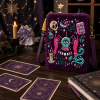 Kantong Resleting Kartu Tarot Kustom, Sarung E-Reader, Tas Tablet Beludru Ungu Bersulam dengan Tali Bahu yang Dapat Dilepas